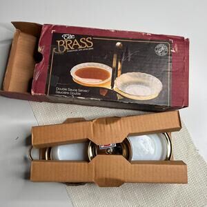 Vintage Kromex Elite Brass Double Sauce Server 2368-24 White Milk Glass Bowls